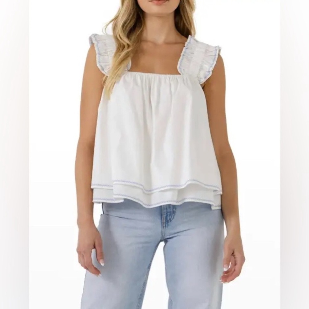 English Factory Contrast Embroidery Tiered S Top. womens tank blouse NWT